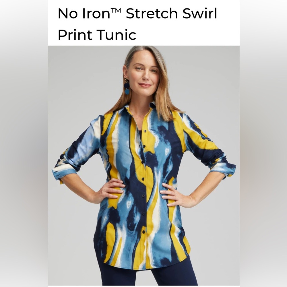 Chico’s Women’s No Iron Button Down Print Tunic Size 1.5